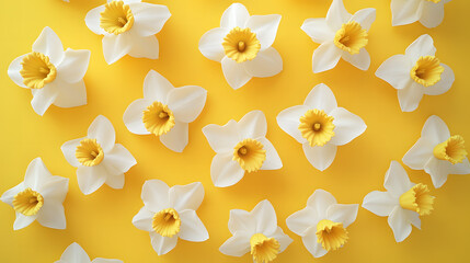White Daffodil Flowers on a Yellow Background—Spring Floral Design