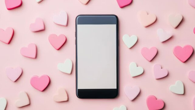 Mobile phone with blank screen is lying on pink background surrounded by pastel colored hearts, representing online dating, social media marketing, and valentine's day celebrations