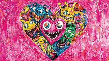 Vibrant heart filled with whimsical, toothy creatures