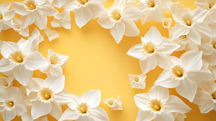 White Daffodil Flowers on a Yellow Background—Spring Floral Design