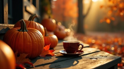 Fototapeta premium A rustic autumn setting with a pumpkin patch, orange and red leaves on the trees, and a cup of hot cider resting on a porch step