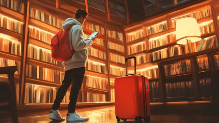 Tourist standing with suitcase in hand while checking phone, travel-ready look, depicting adventure planning, style of comic book art