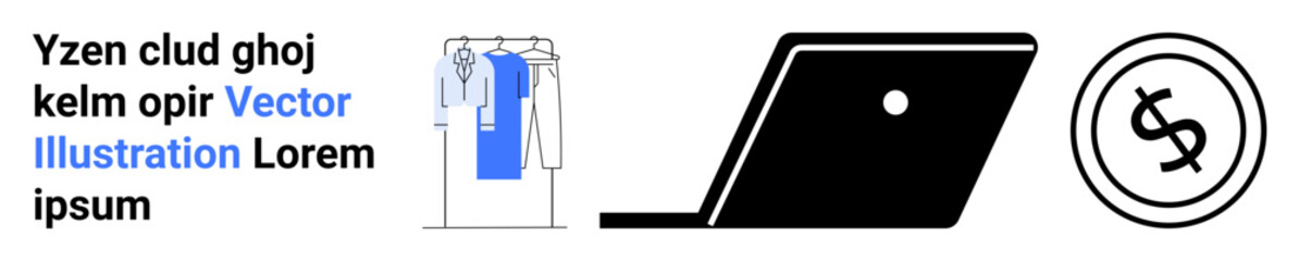Clothes hanging on rack, open laptop, and dollar sign in circle emphasizing online shopping. Ideal for e-commerce, retail, business, fashion, finance shopping digital marketing. Landing page