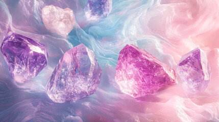 A luxury backdrop depicting a variety of healing crystals such as amethyst and quartz.