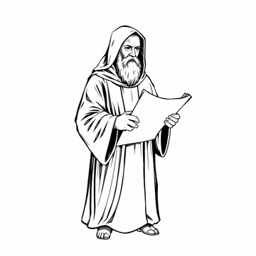 recommend clip art: The Wise Monk: A detailed line drawing of an elderly monk, deeply engrossed in reading an ancient scroll, radiating wisdom and contemplation.  