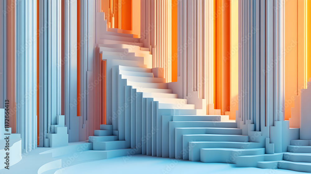 Poster abstract architectural rendering of a stairway ascending amidst pastel blue and orange columns, crea