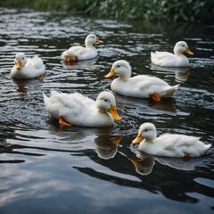 A group of white ducks swimming peacefully in a pond with smooth white water.