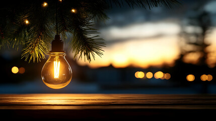 Illuminated Christmas bulb hanging from pine branch at sunset, snowy background; perfect for holiday greeting cards or winter season promotions