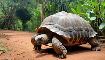 Obraz premium Majestic Galapagos Tortoise Strolling on a Sunny Trail