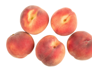 Five ripe peaches isolated on transparent background