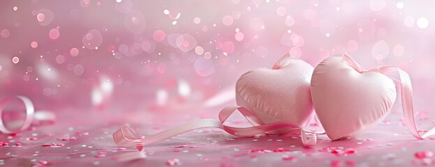 Delicate pink hearts adorned with ribbons sit gracefully on a soft, sparkling surface during a romantic celebration of love