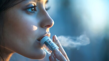 Fototapeta premium A young woman uses a futuristic device, emitting vapor. Mysterious and enigmatic, the image evokes a sense of intrigue. demonstrating proper inhaler technique