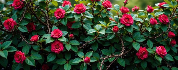 Overgrown rosebush with tangled vines and thorns, nature, plant growth