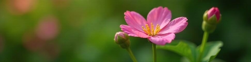 Obraz premium delicate petal pink flower blooms on green stem with leaves in garden, garden, nature, bloom