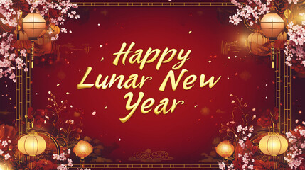 Happy Lunar New Year Greeting with Lanterns and Cherry Blossoms. Chinese new year background. 2025 Shio. Chinese New Year Shio. Lunar New Year. Wood Snake