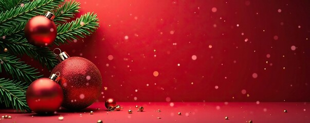 Red background with fir branches and Christmas balls, some fallen on the floor, scattered, ornament