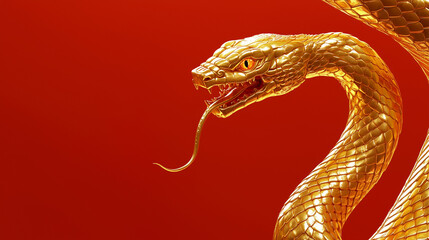 Obraz premium Golden Snake with Open Mouth and Forked Tongue in the right on a Red Background