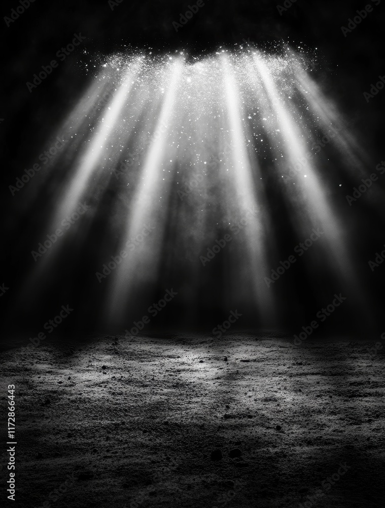 Poster a captivating play of light and shadow, showcasing beams piercing through the darkness, illuminating