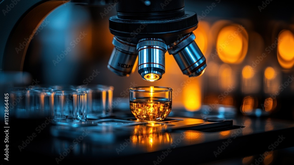 Poster a microscope examining a glass container with illuminated contents.
