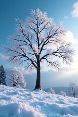 Fototapeta premium Frost-covered branches stretch towards the sky, frost, tree