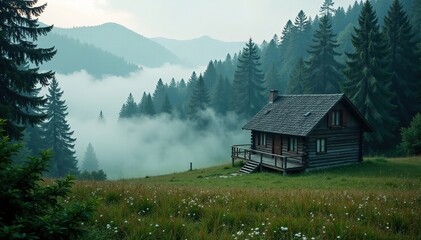 Dense forest mist wraps around wooden cottage, cottage, landscape