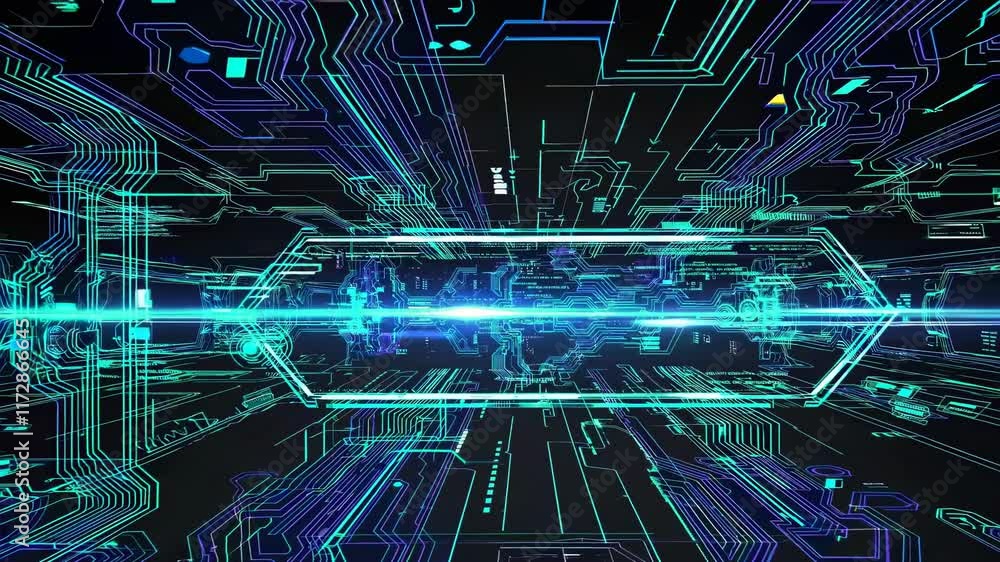 Poster exploring a futuristic digital landscape filled with neon lights and intricate circuitry