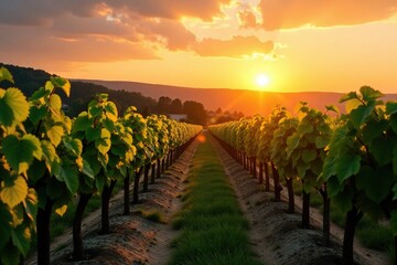 Naklejka premium Rows of grapevines bask in sunset's warm glow, country, landscape