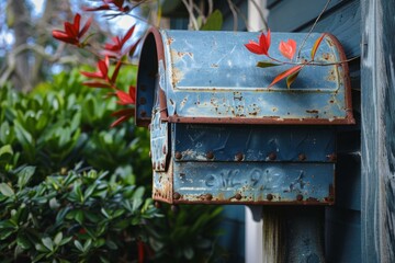 Old rusty blue mailbox hanging outside a house with red leaves in the background