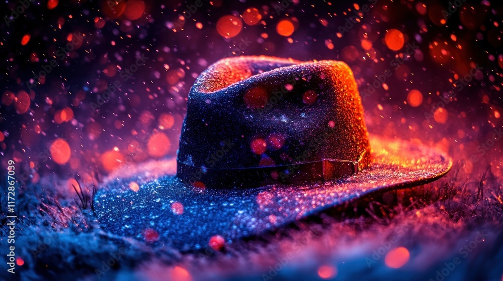 Poster a hat resting on the ground, surrounded by colorful bokeh and a snowy atmosphere.