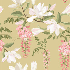 Seamless vector illustration with magnolia flowers and wisteria on a beige background. For decorating textiles, packaging, wallpaper. © Nadezhda