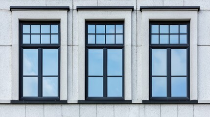Fototapeta premium Three Modern Windows on a Classic Stone Building Exterior