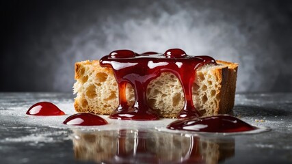 Freshly baked bread with bright red jam oozing over the crust, creating a tempting display