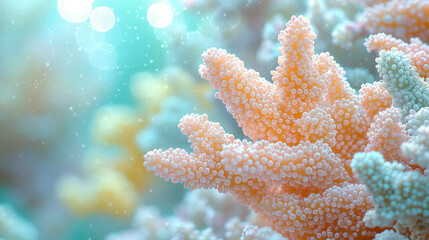 Colorful coral branches in sunlit ocean with sparkling background