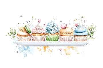 Valentine's day love cupcakes watercolor style sweet treats in a cozy kitchen setting