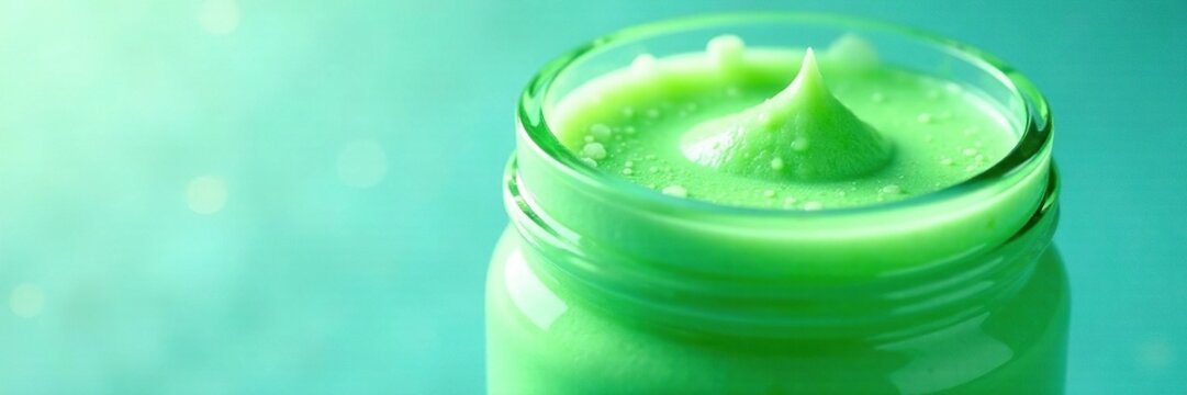 Green and blue colored liquid with a creamy texture in a jar with bubbles on the surface, green, colored liquids, cream