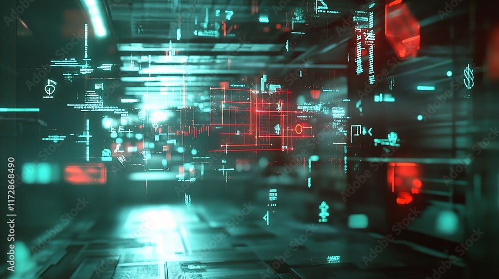Poster abstract digital currency symbols floating on screen in 3d depth