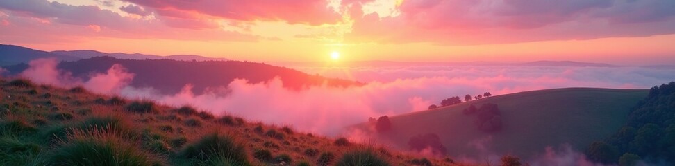 Soft pink mist rises above a tranquil landscape, as sunbeams dance across the rolling hills, sunset,