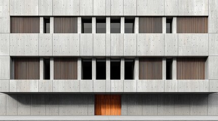 Modern Concrete Building with Wooden Accents and Geometric Design