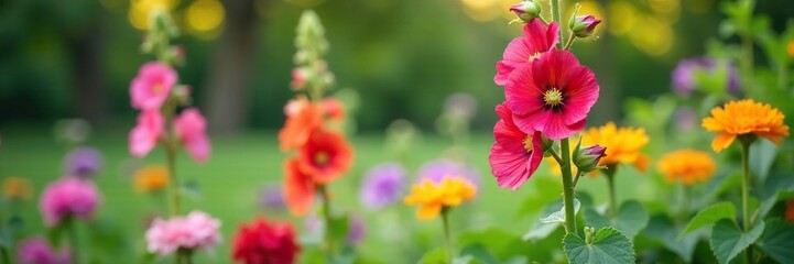 Obraz premium Tall hollyhock plant in a garden with other flowering plants, mixed flowers, garden, plant