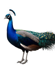 Fototapeta premium Majestic Peacock: A solitary peacock exhibits its striking iridescence plumage in full view, with details of a vibrant display in a classic portrait style.