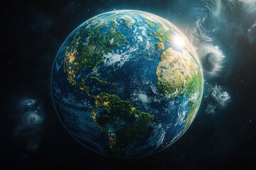 Obraz premium Earth from space with nebulae, city lights, and swirling cosmic dust