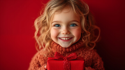 Child smiling with red gift box displaying holiday joy, festive portrait against crimson background