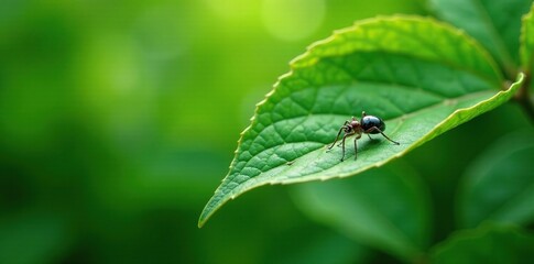 Naklejka premium Translucent leaf with intricate veins and a tiny insect crawling along its surface, spider, plant, translucent leaf