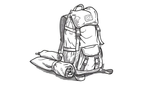 black and white backpack and rolled sleeping bag clip art preview