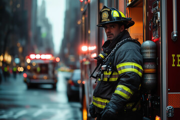 Obraz premium Firefighter in full gear standing next to a fire truck, ready for action. Generative AI