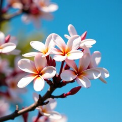 White and pink frangipani blooms against a clear blue sky, branches, landscape, flowers