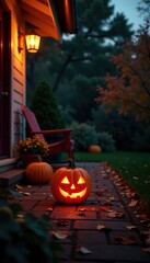 Obraz premium The warm glow of a pumpkin lantern on a porch at dusk, fall, glow