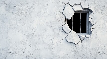 Cracked Wall with Broken Window and Visible Bars in Texture