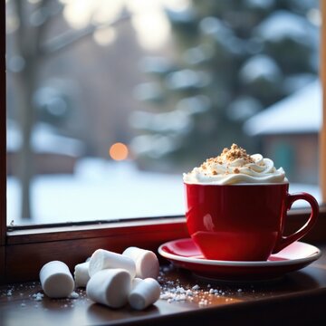 Red cup on windowsill with marshmallows and snowy backdrop, marshmallows, winter evening, snowy yard