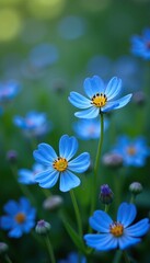 Blue forget me not flowers in a field with other wildflowers, blue forget me not, floral fields, yellow center flowers